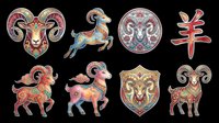 Colorful ornate ram and goat clipart set with Chinese zodiac symbol, isolated on transparent background, for stickers, sublimation, and t-shirt design.