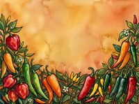 Watercolor illustration of fresh chili peppers and vegetables arranged at bottom border with warm golden and orange textured background, suitable for recipe cards, menus, and culinary designs.