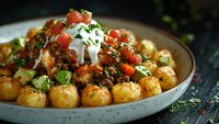 Loaded potato bites topped with seasoned ground beef, fresh tomatoes, sour cream, and chopped herbs served on rustic ceramic plate, close-up food photography.
