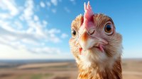 Close up portrait of young chicken with pink comb against blue sky and rural landscape background, showing curious expression and detailed feathers.