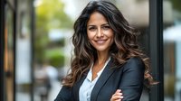 Confident businesswoman with long wavy hair wearing black blazer and white shirt smiling outdoors in urban setting. Professional portrait for corporate websites.