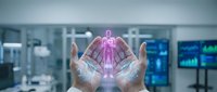 Healthcare professional hands protecting glowing pink medical cross symbol in modern hospital laboratory with digital technology background.
