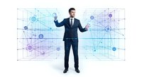Professional businessman in dark suit presenting data analytics and network connections on futuristic digital interface for business presentations.