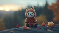 Cute skeleton doll in knitted fox costume sitting with autumn leaves and small pumpkin decoration against blurred sunset forest background, Halloween decor mood.