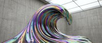 Colorful iridescent wave flowing through modern concrete space with skylight, creating dynamic abstract motion and vibrant rainbow light effects.