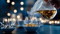 Steaming hot herbal tea being poured into glass cup with bokeh lights in background creating cozy atmosphere, steam rising from fresh aromatic beverage.