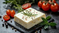Creamy white cheese block topped with fresh rosemary and peppercorns, surrounded by ripe tomatoes and basil leaves on dark slate, perfect for food photography and culinary content.
