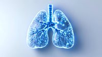 Glowing blue anatomical lungs with detailed bronchial tree structure and alveoli visualization on dark background, medical science concept for respiratory system study.