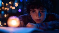 Young boy with curly hair reading by candlelight at night, face illuminated by warm glow against dark blue background with bokeh lights.