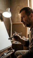 Mature bearded craftsman carving wood sculpture in traditional workshop with desk lamp illumination for artisan woodworking and handmade creation projects.