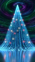 Digital Christmas tree made of binary code streams with glowing ornaments on futuristic cyber background for holiday tech designs.