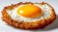 Crispy golden-brown fried egg with runny yolk and crunchy breadcrumb coating on white background, perfect for breakfast or brunch menus.