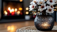 White magnolia flowers in textured glass vase on crochet doily, romantic evening atmosphere with fireplace and bokeh lights creating cozy home ambiance.