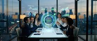 Business team analyzing digital data with holographic interface in modern conference room overlooking city skyline at sunset for corporate strategy meeting.