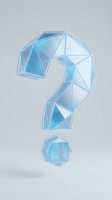 Blue polygonal question mark symbol with geometric triangular facets on gray background for business presentations and FAQ designs.
