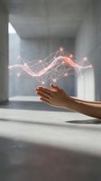Hand presenting glowing network connections with data visualization hologram in modern concrete interior for business technology presentations.