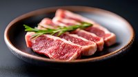 Fresh raw beef striploin steaks with rosemary on dark ceramic plate against black background. Premium marbled meat cuts showcase rich texture and quality.