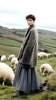 Young woman in gray teddy coat and pleated skirt standing among grazing sheep on green hillside. Pastoral fashion scene with rolling countryside landscape.