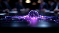 Purple digital sphere with glowing particles and light trails on dark background. Futuristic technology concept for presentations and digital media designs.