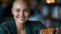 Young bald woman with bright smile reading book in cozy cafe setting. Cancer survivor or alopecia patient enjoying literature indoors with warm lighting.