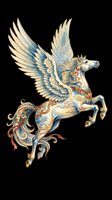Ornate winged horse with decorative gold, blue, and red flourishes, isolated on transparent background. Ready for t-shirt design, clipart, stickers, sublimation, and print-on-demand products.