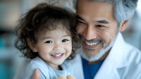 Asian grandfather with gray beard and white coat embracing cheerful curly-haired granddaughter, sharing tender moment and genuine smiles in healthcare setting.