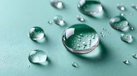 Crystal clear water droplets of various sizes on smooth teal surface, creating reflective spheres with tiny air bubbles visible inside the larger drops.