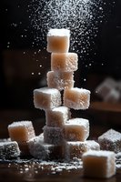 Stack of sugar cubes with powdered sugar falling and creating magical sparkle effect against dark background, dramatic food photography for confectionery advertising.