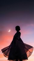Woman silhouette in flowing dress against twilight sky with crescent moon creating dreamy atmospheric scene for romantic and inspirational designs.