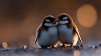 Two baby swallows huddled close together at sunset, silhouetted against warm bokeh background, creating romantic and tender wildlife moment in soft natural light.