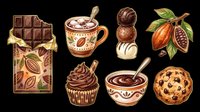 Chocolate bar with cocoa pods, hot chocolate mug, chocolate truffles, cocoa fruit branch, chocolate cupcake, chocolate bowl with spoon, and chocolate chip cookie isolated on transparent background. Ready for t-shirt design, clipart, stickers, print-on-demand, and sublimation projects.