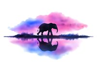 Silhouette of elephant walking near water with reflection against vibrant purple and blue watercolor sky, creating dreamy nature landscape effect.