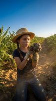 Young female farmer in straw hat examining fresh artichoke in sunny agricultural field during golden hour harvest time for organic farming and sustainable agriculture.