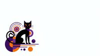 Black cat silhouette with geometric shapes and circles in purple and orange tones, isolated on white background for design projects.