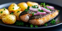 Grilled salmon fillet with baby potatoes, red onion rings and fresh parsley garnish served on black plate, close up view of gourmet dinner preparation.