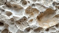 Weathered limestone rock surface with natural erosion patterns and holes creating textured geological formation for educational or construction materials.