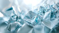 Crystalline geometric shapes in light blue tones create abstract modern composition with sharp angles and reflective surfaces, suitable for luxury brand designs.