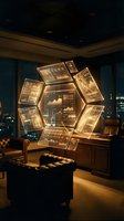 Illuminated financial data displays arranged in geometric pattern on office wall at night, showing stock charts and market analytics for business analysis and investment strategy.