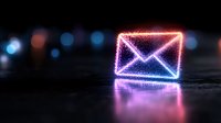 Glowing neon mail envelope icon with purple and blue light effects on dark background with bokeh lights, digital communication concept.