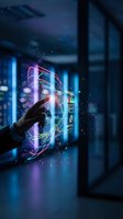 Hand touching futuristic holographic interface with glowing data visualization and digital elements in modern tech environment for business innovation.