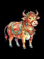 Ornate decorated cow with vibrant red, gold, and turquoise patterns, adorned with flowers and traditional ceremonial saddle blanket. Isolated on transparent background, ready for t-shirts, clipart, stickers, and print-on-demand designs.