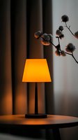 Glowing orange table lamp creates cozy atmosphere with cotton plant branches in soft focus background, moody evening interior lighting setup.