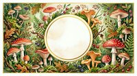 Autumn forest frame with mushrooms, ferns and foliage surrounding circular space for text or design elements on cream background.