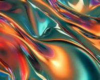 Flowing metallic waves in orange, teal and red create dynamic abstract background with glossy liquid texture and smooth curved lines for modern design projects.