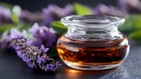 Glass jar with aromatic essential lavender oil and fresh purple flowers on dark background, natural aromatherapy and spa wellness concept.
