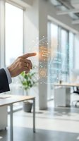 Male professional in business attire pointing at holographic digital interface displaying interactive training modules and virtual learning icons in modern office environment with natural light.