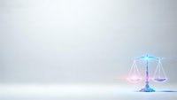Glowing scales of justice with neon blue light effects on clean white background for legal and law firm presentations.