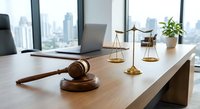 Professional law office desk with wooden gavel and golden scales of justice overlooking modern city skyline through large windows.
