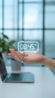 Female hand holding glowing neon digital clock displaying 08:45 in modern office workspace with laptop and plant, representing time management and productivity.