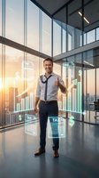 Confident businessman showing thumbs up in modern office with financial holographic data and tax documents floating around him at sunset.
